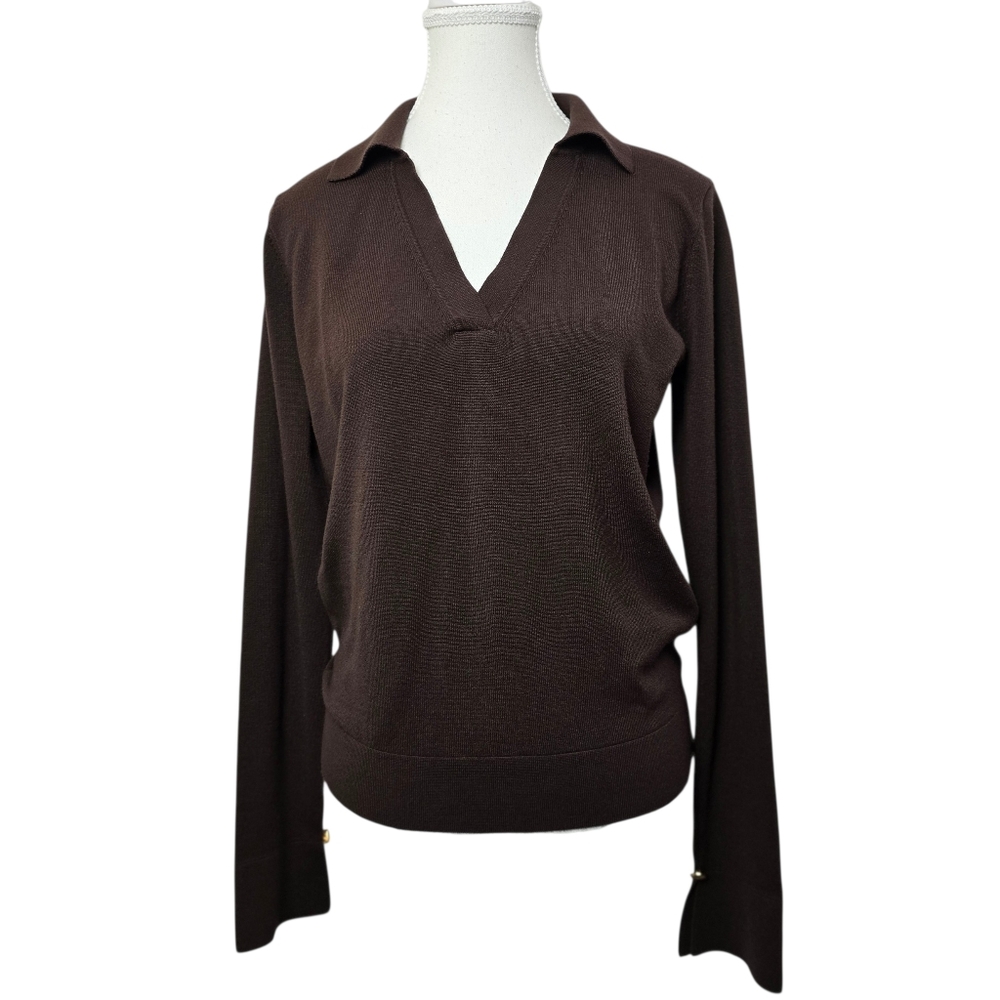 Skies Are Blue Brown V-Neck Collared Sweater Gold Button Split Cuff, Sz M